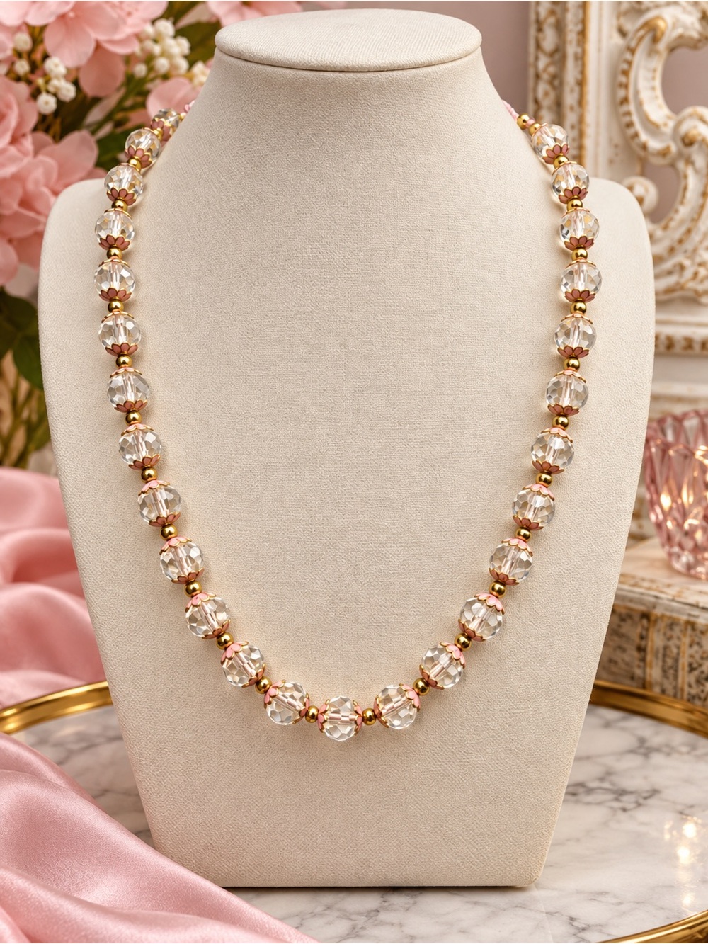 Glass Pink Cloisonné bead caps 20 inch Aprilsplace